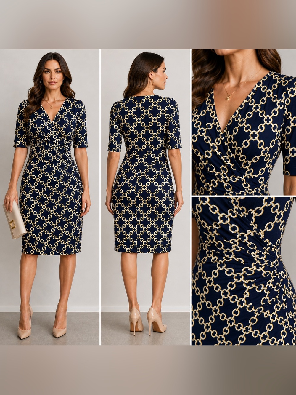Lauren Ralph Lauren Wrap Dress Navy Blue Gold Chains 10 Classic Preppy Stretch - Picture 2 of 12